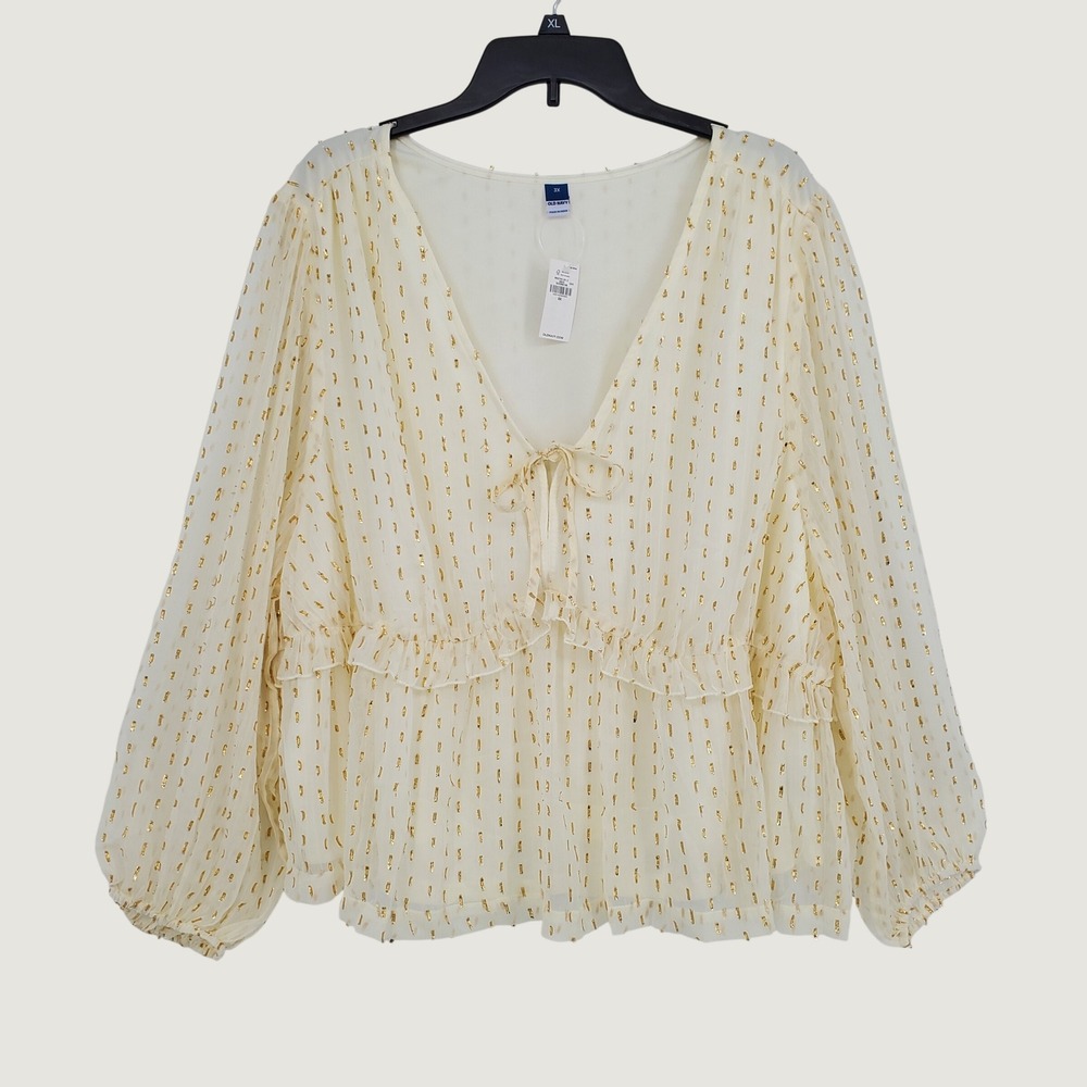 Old Navy Off White Gold Metallic Dot Peplum Top Womens 3X Long Sleeve Boho Lined